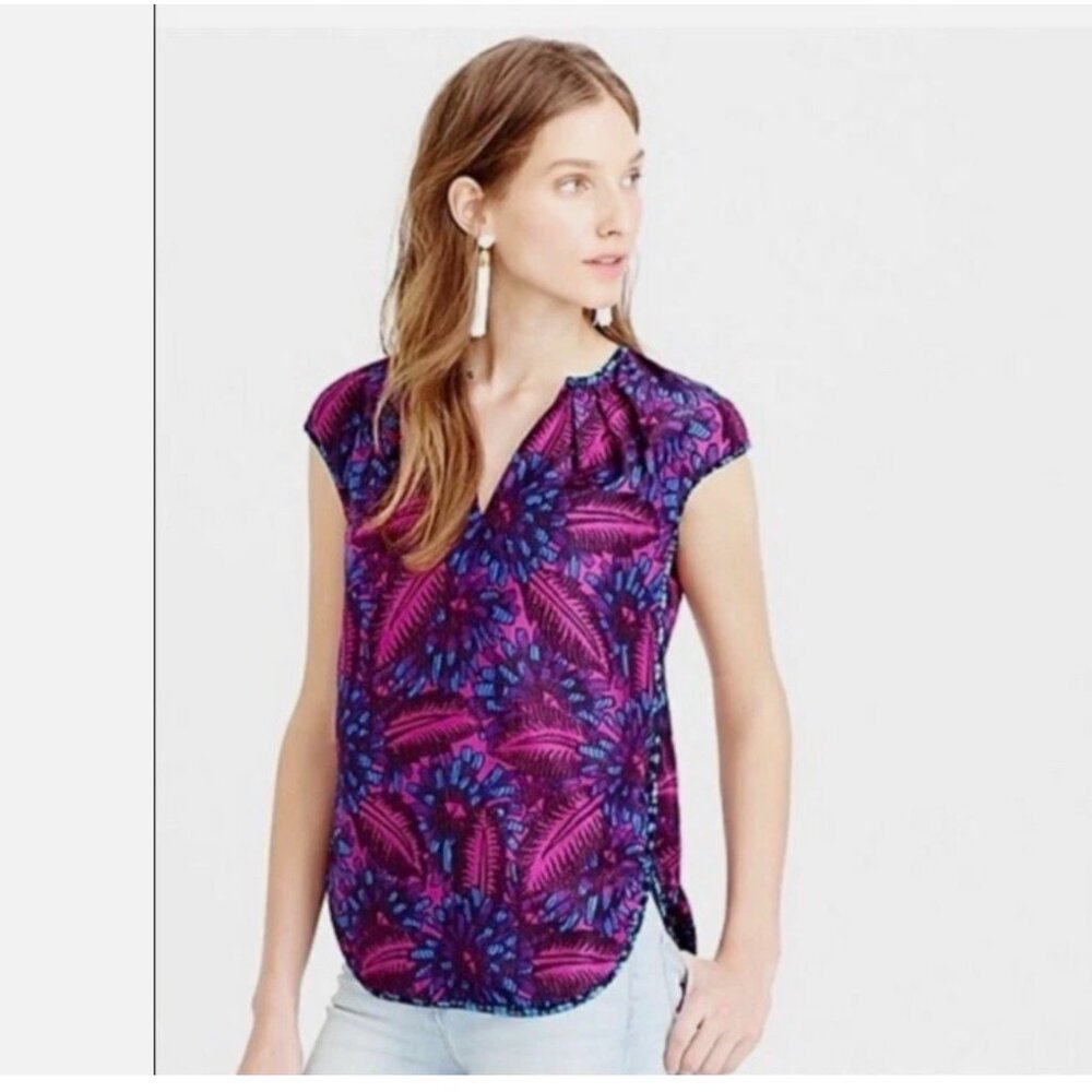 J. Crew Fuchsia Exotic Floral Silk Cap-Sleeve Blouse